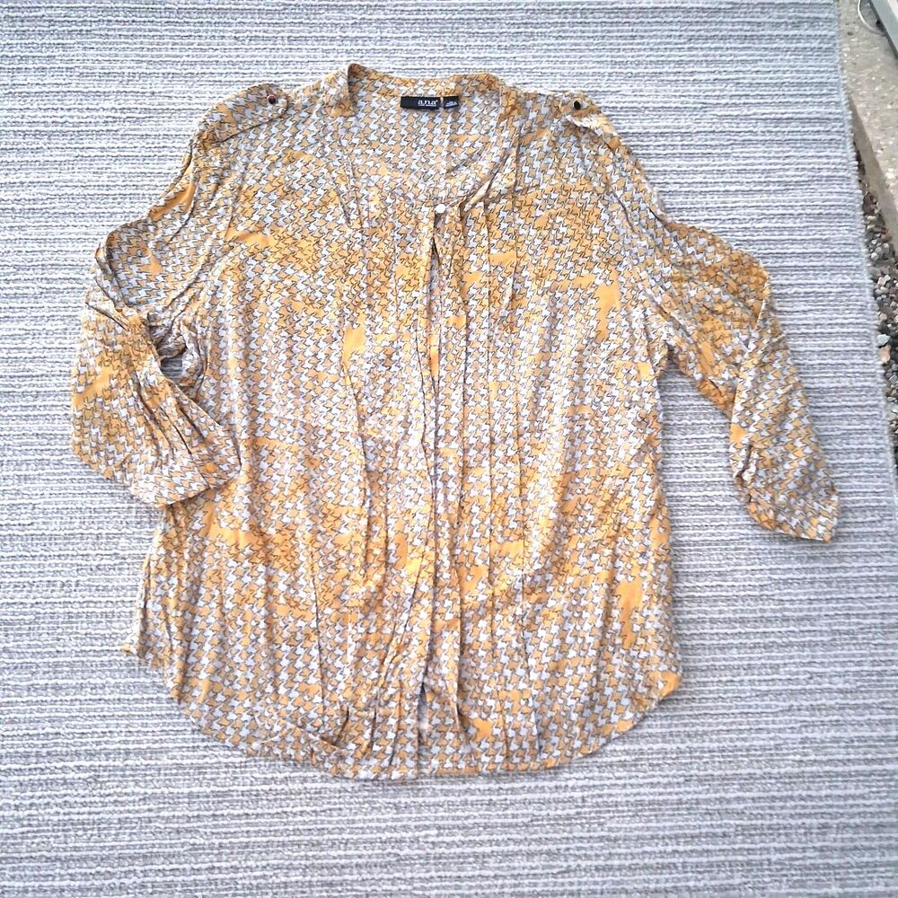 A n a women's yellow houndstooth blouse XL long sleeve split button detail